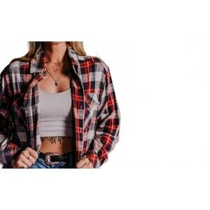 NEW MERIGOLD KISS yee haw acid washed plaid flannel shirt in red plaid